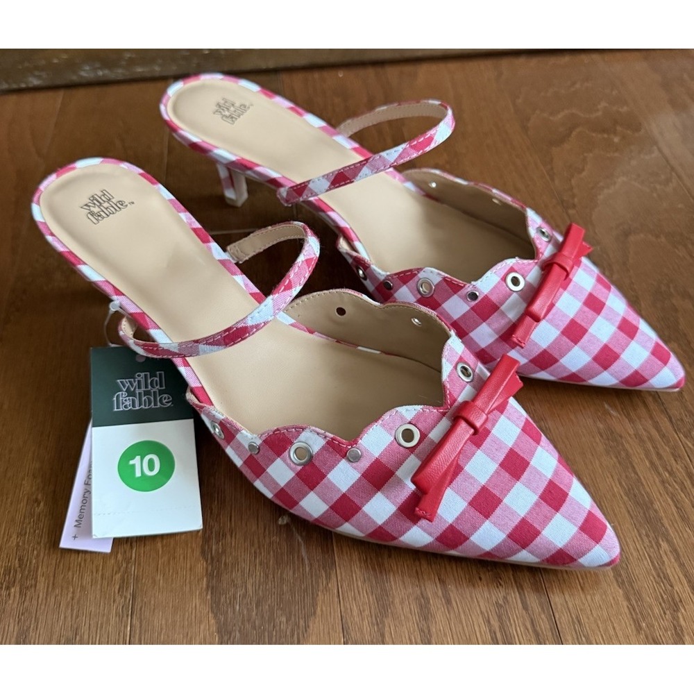 wild fable Red and White Gingham Pointed-Toe Kitten Heel Mules